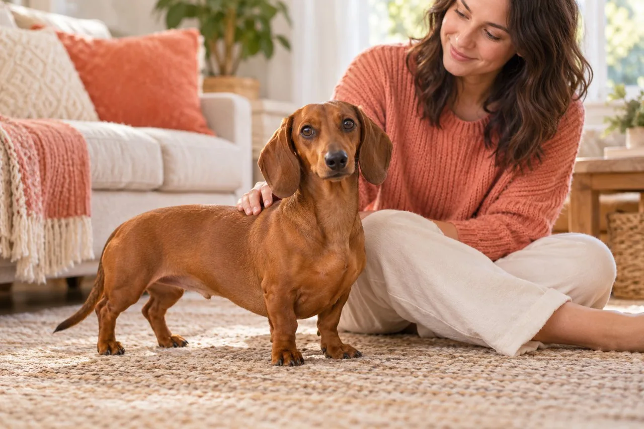 Long-bodied dog beside an owner at home