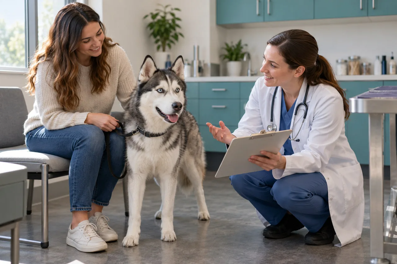 Owner discussing a dog’s care with a veterinarian